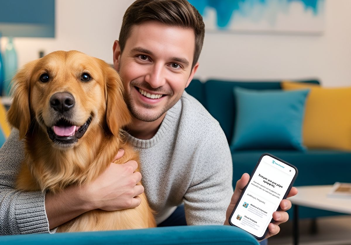 PawsGroomer A Happy Dog Owner Uses His Mobile Phone to Book an Appointment Χαρακτηριστικά Paws Groomer Software και Online Booking